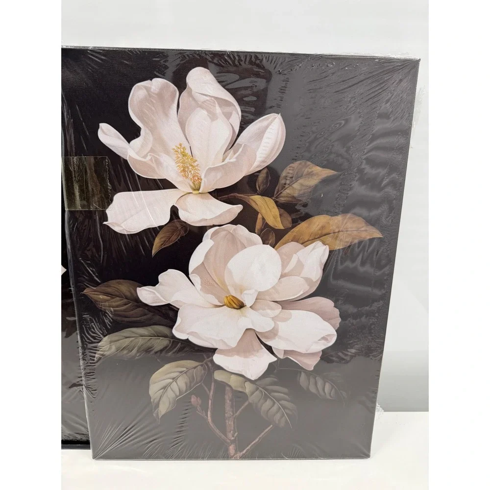 3 Piece Magnolia Floral Canvas Wall Art Set White Flowers Black Background 12x16